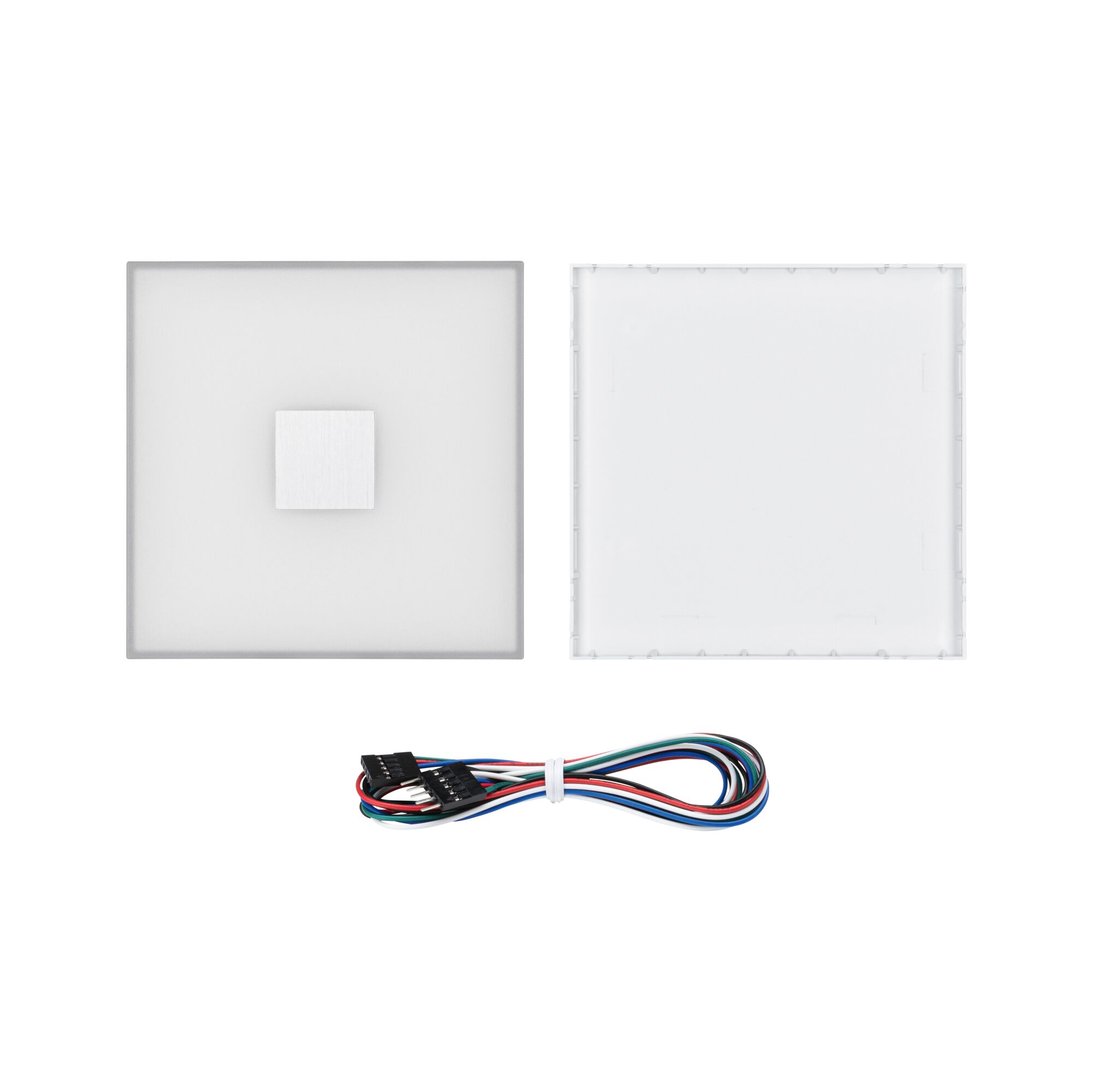 White square plastic housing with multicoloured cable for LED control and connection