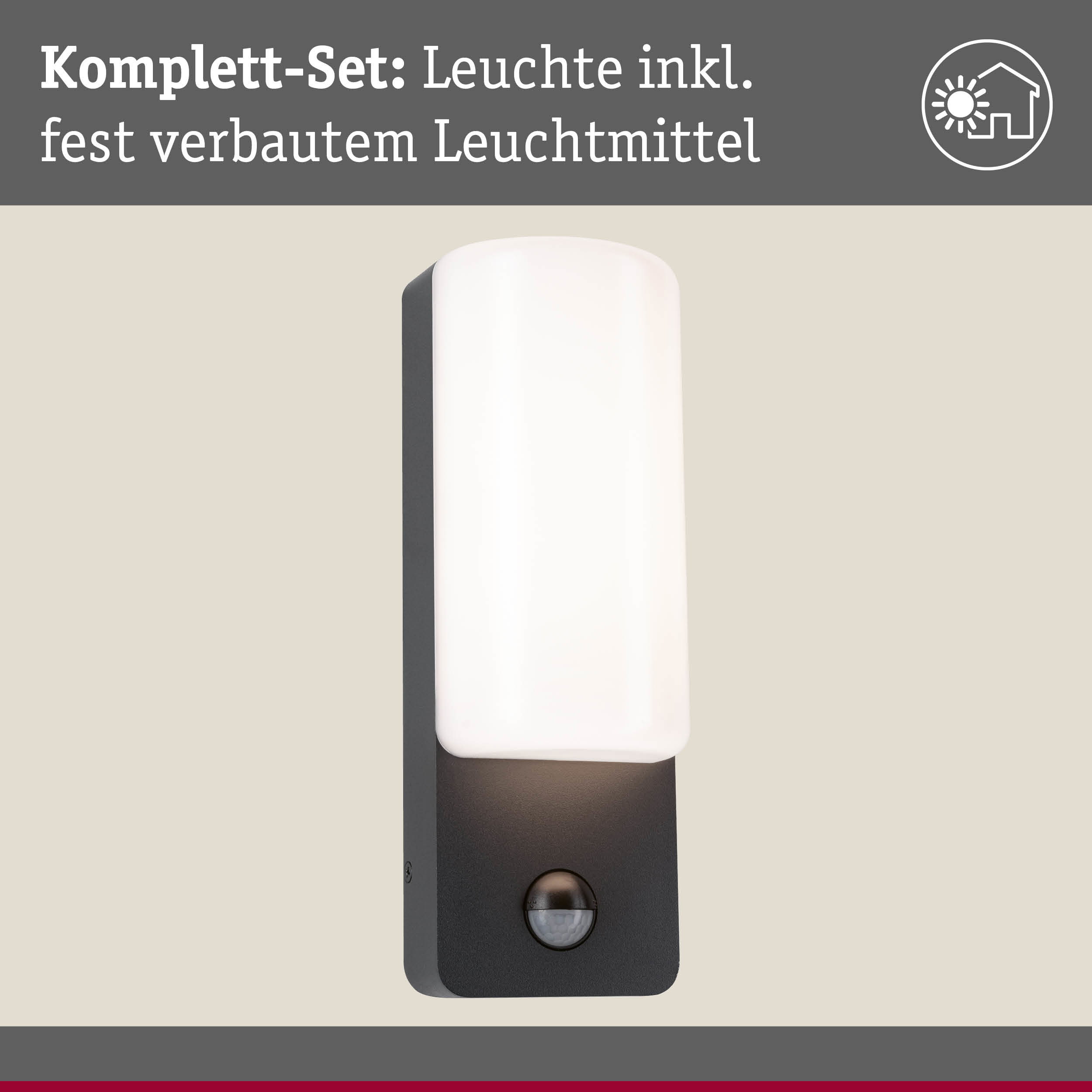 Schwarze Außenwandleuchte mit weißem Diffusor und integriertem Bewegungsmelder für Hausbeleuchtung