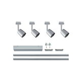 Quatre spots en aluminium argenté avec rails et accessoires de montage pour systèmes d'éclairage LED flexibles.