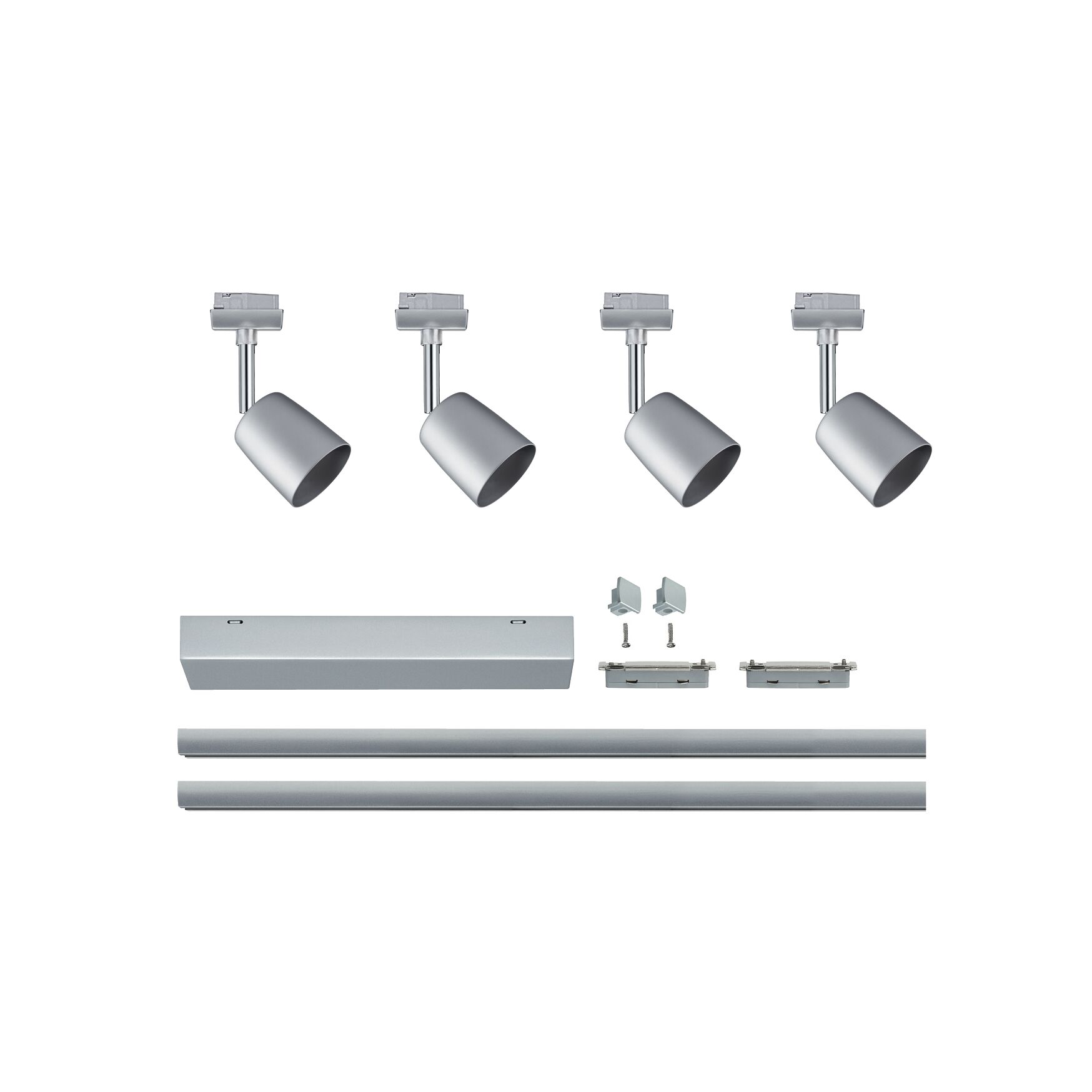 Four silver aluminum spotlights with rails and mounting accessories for flexible LED lighting systems.