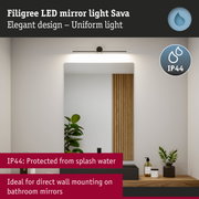 Filigree black LED mirror light Sava with IP44 splash water protection for bathroom walls
