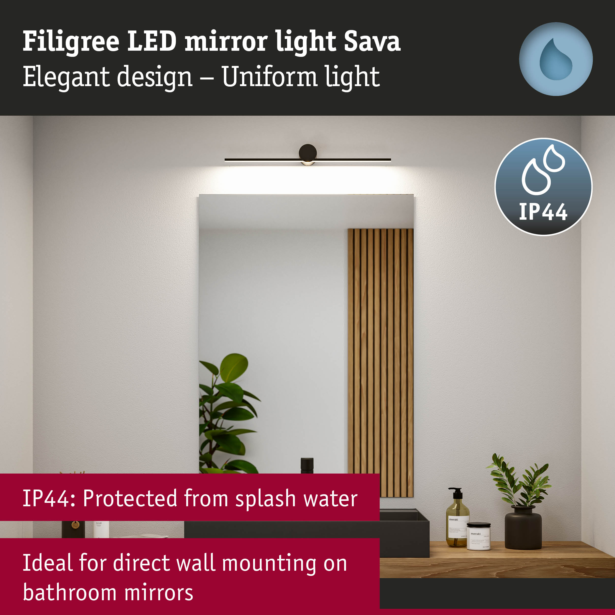 Filigree black LED mirror light Sava with IP44 splash water protection for bathroom walls