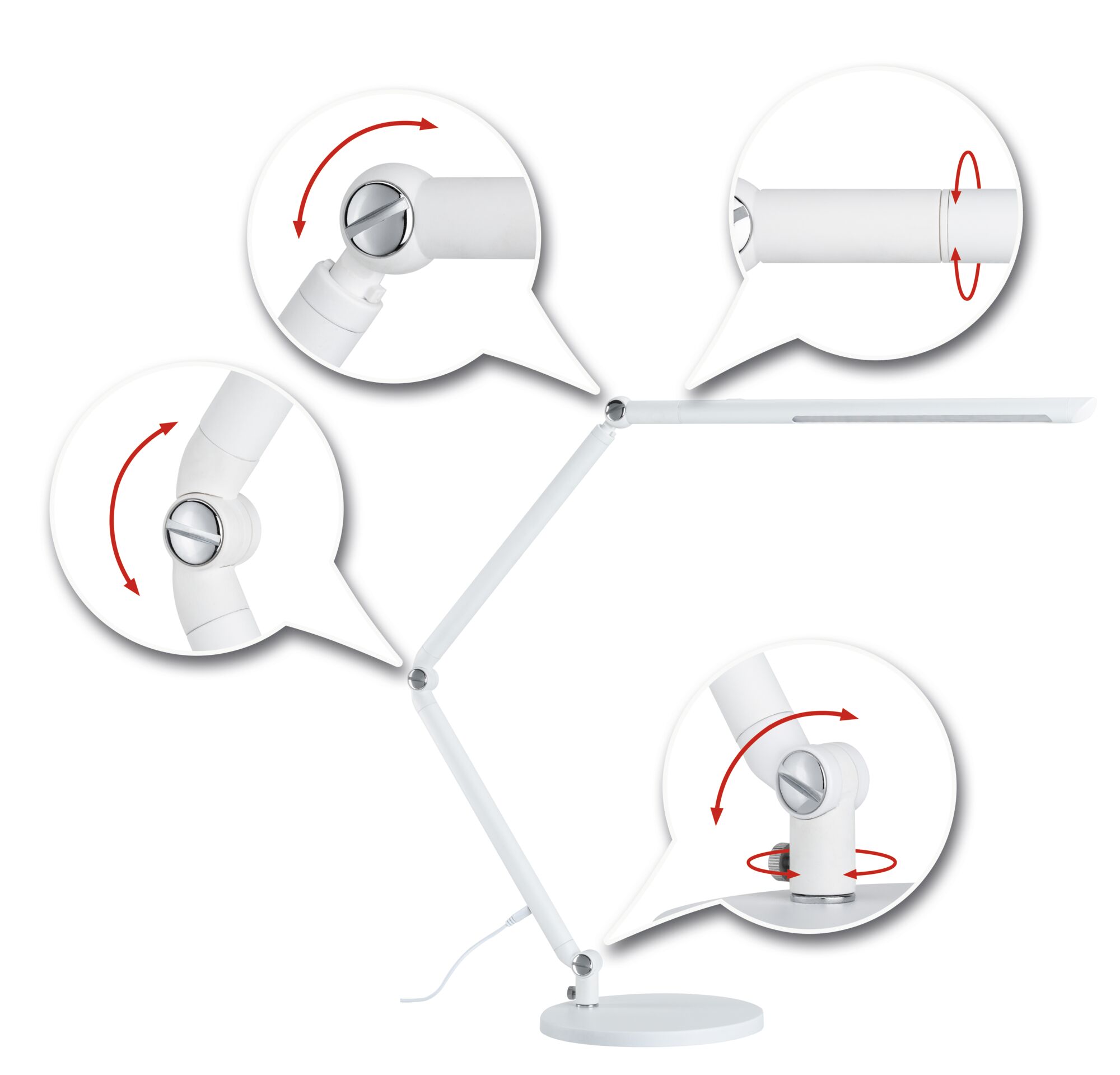 Witte metalen LED-bureaulamp met verstelbare gewrichten voor flexibele verlichting op kantoor.