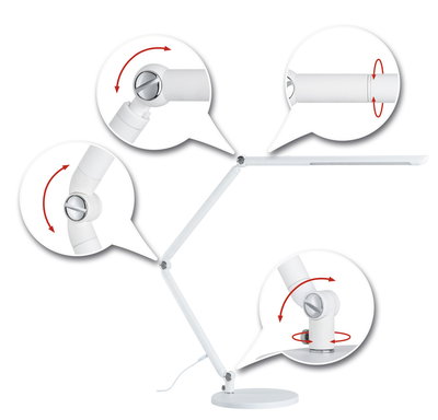 Lampe de bureau LED blanche en métal avec articulations réglables pour un éclairage flexible au bureau.
