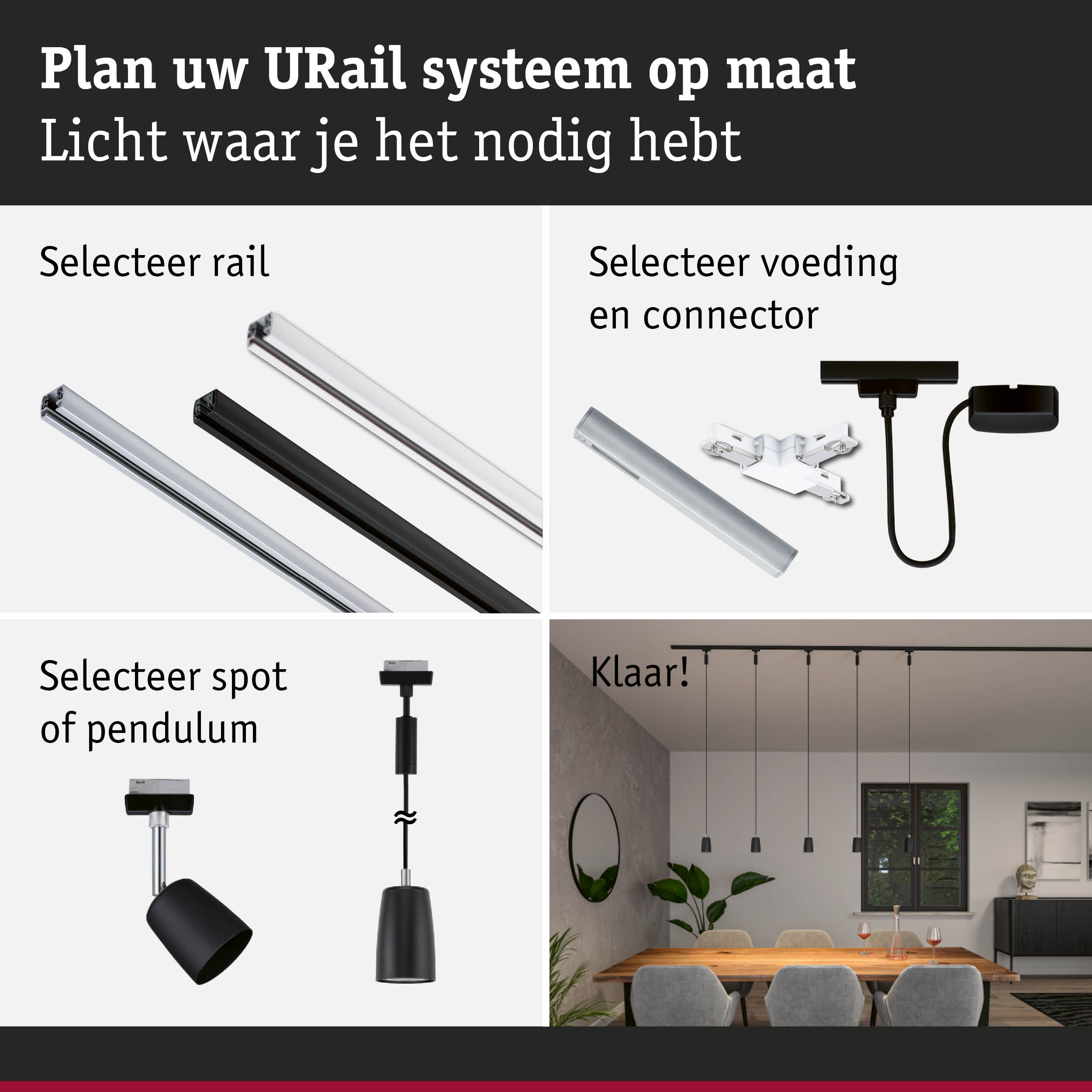 Modulair URail railsysteem met zwarte en witte rails, spots en hanglampen voor woonruimtes
