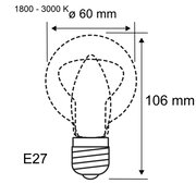 Technische tekening van een E27-lamp met 60 mm diameter en 106 mm hoogte, kleurtemperatuur 1800-3000 K