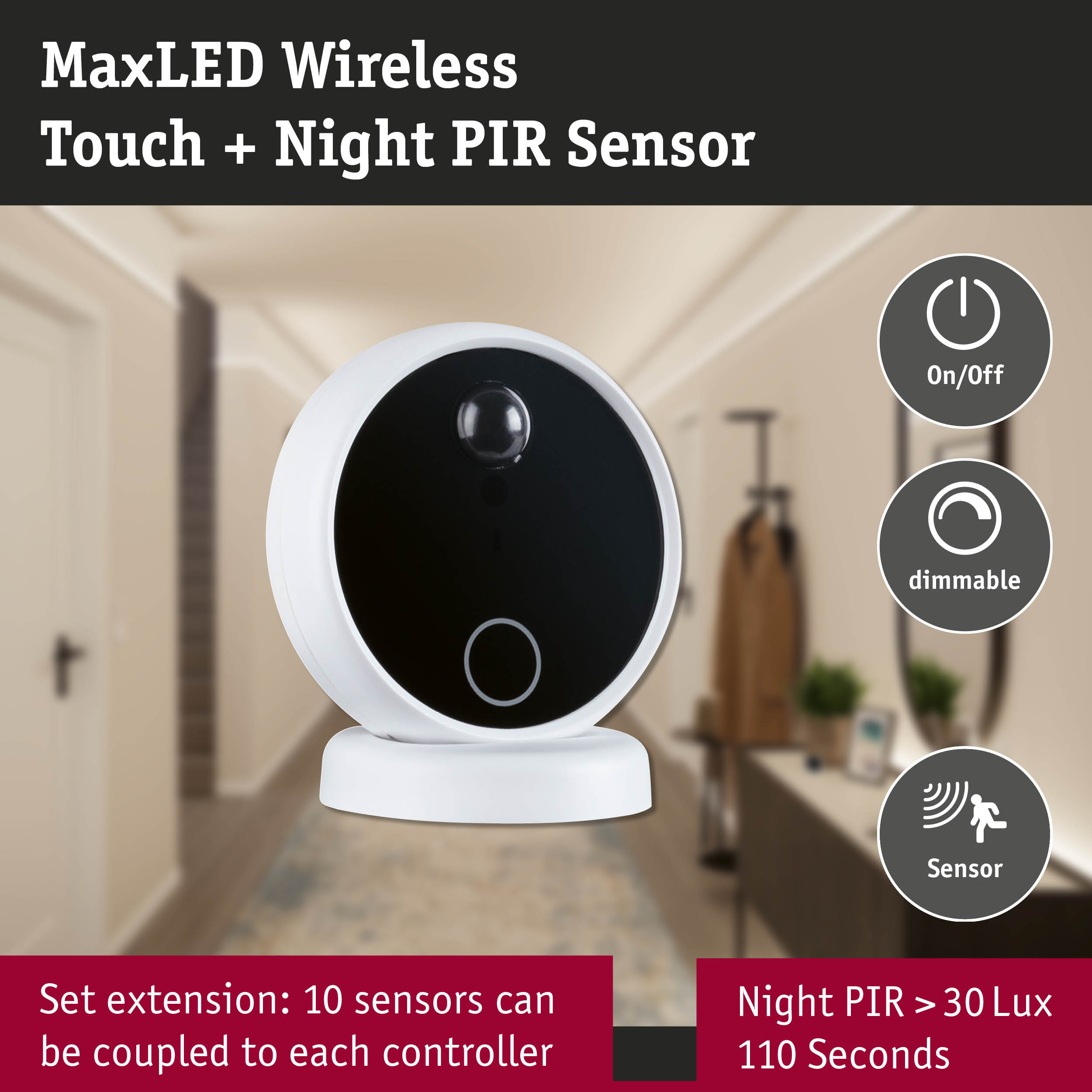 MaxLED wireless touch sensor with night PIR in white and black for smart lighting control