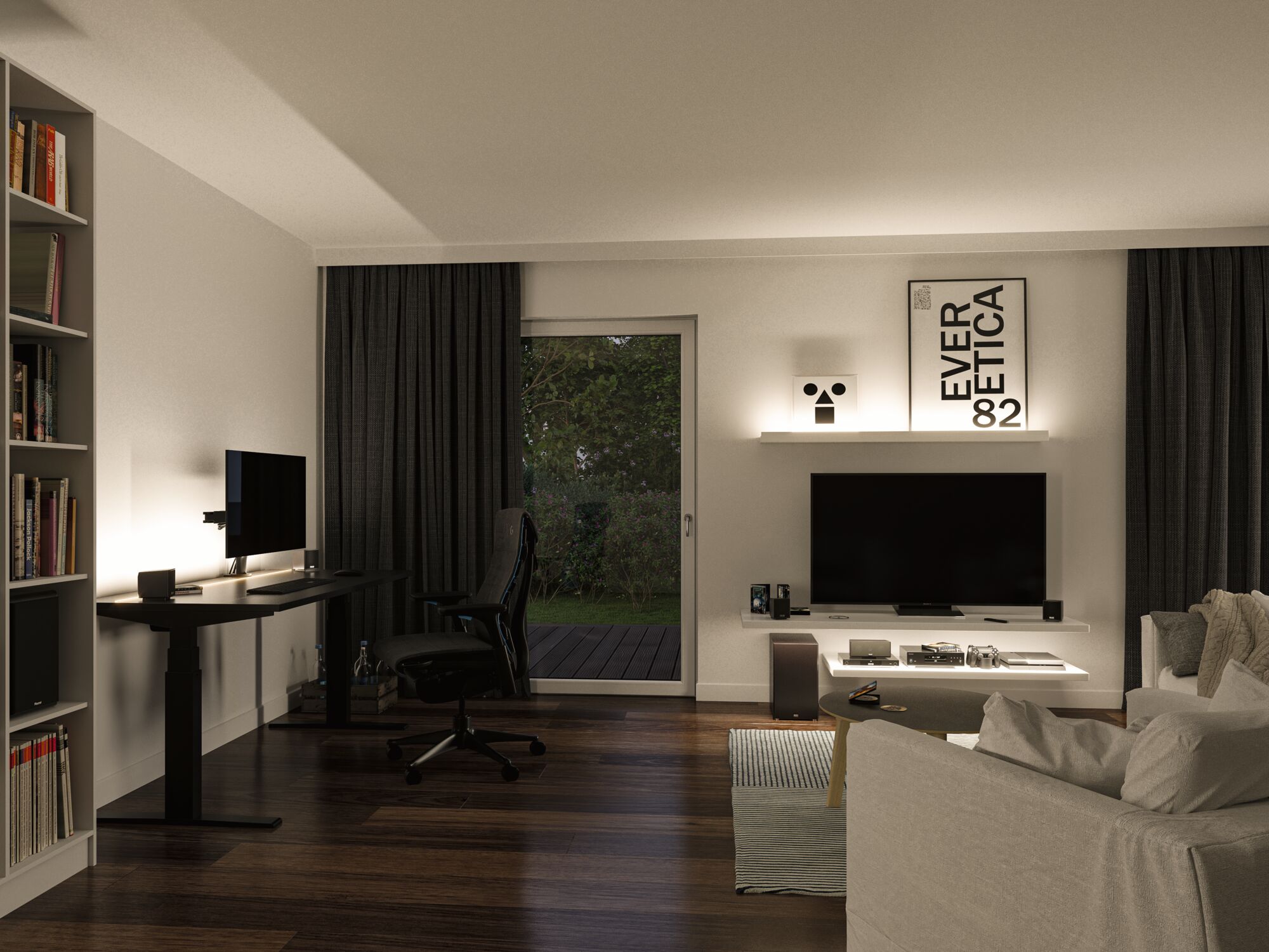 Moderne woonkamer met witte LED-wandplankverlichting en zwart tv-meubel voor een gezellige sfeer