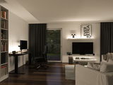 Modern living room with white LED wall shelf lighting and black TV furniture creating a cozy atmosphere