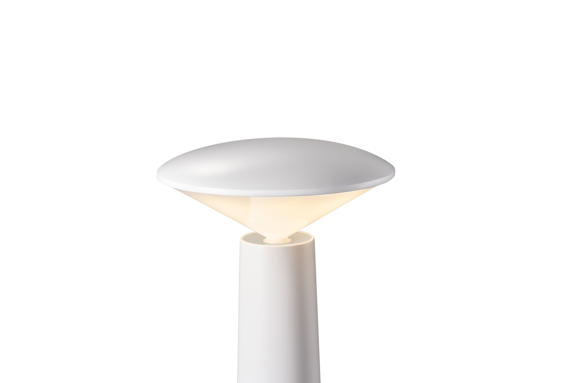 Modern white LED table lamp with round plastic shade for ambient lighting in living spaces