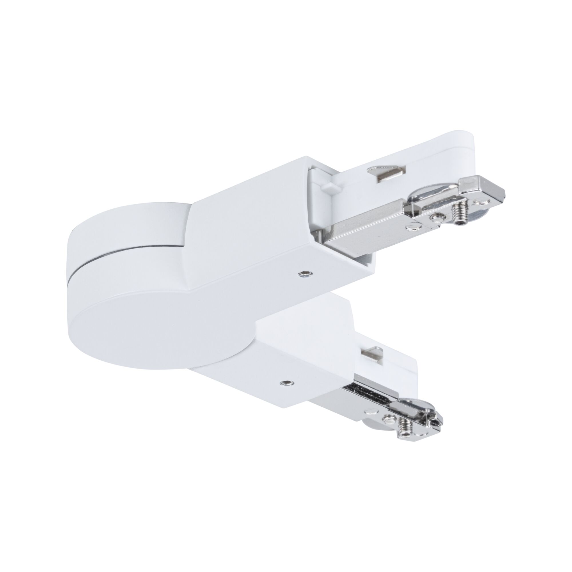 White plastic connector for track lighting with metal contacts for flexible lighting setups