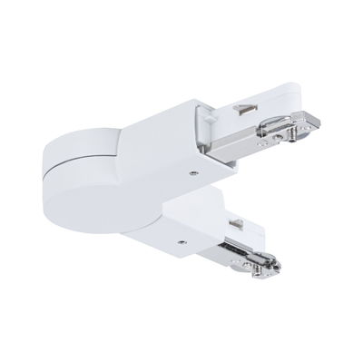 White plastic connector for track lighting with metal contacts for flexible lighting setups