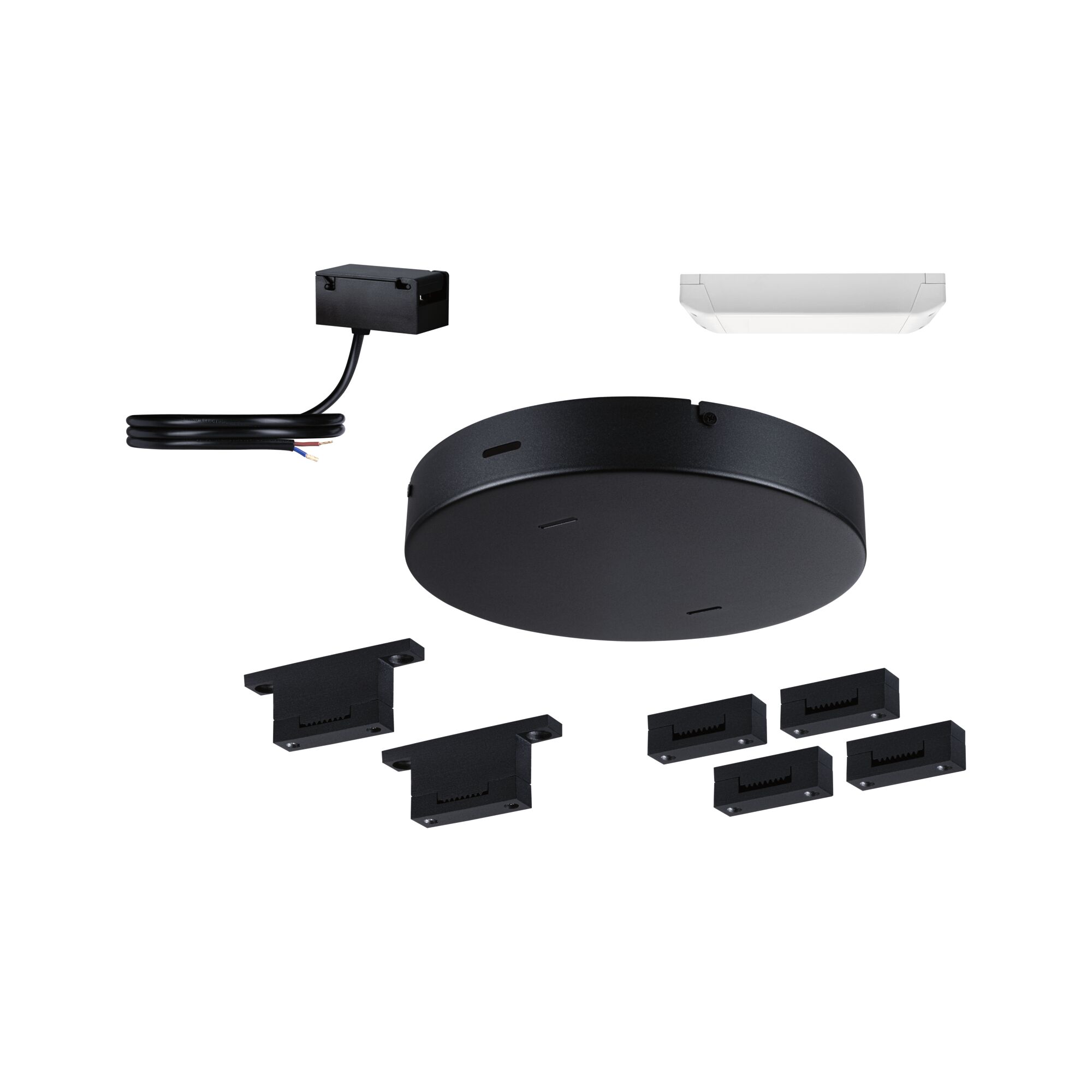 Zwart montageset met ronde afdekking en kabel voor LED-railsverlichting accessoires.