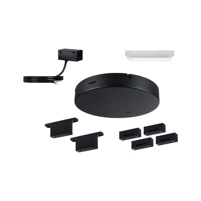 Zwart montageset met ronde afdekking en kabel voor LED-railsverlichting accessoires.