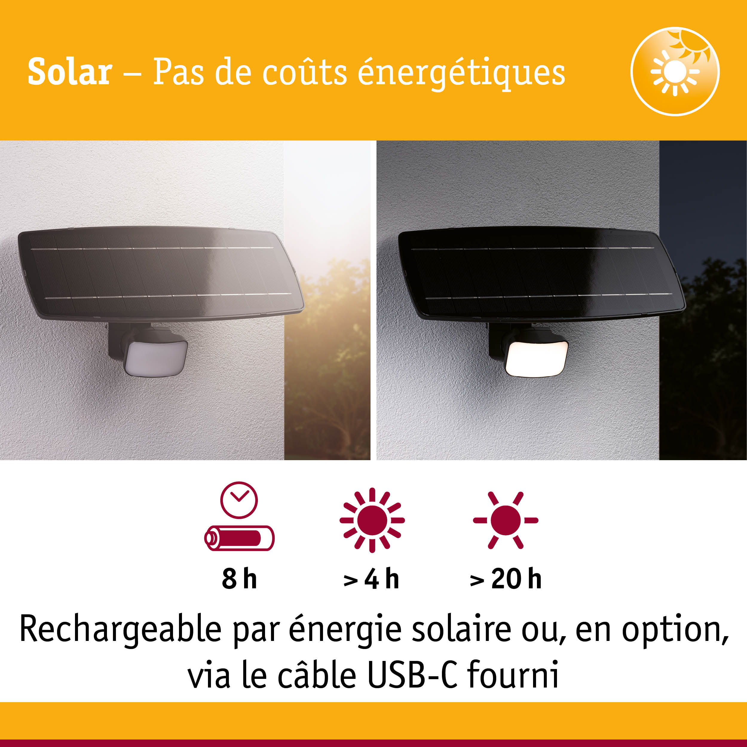 Panneau solaire noir avec lampe LED sur mur blanc, illustrant le fonctionnement jour et nuit