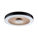 Ronde plafondlamp met zwarte rand en beige geribbeld metalen midden, LED-verlichting voor moderne interieurs.