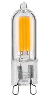 LED bulb with G9 base, clear glass and warm white filaments for energy-efficient lighting