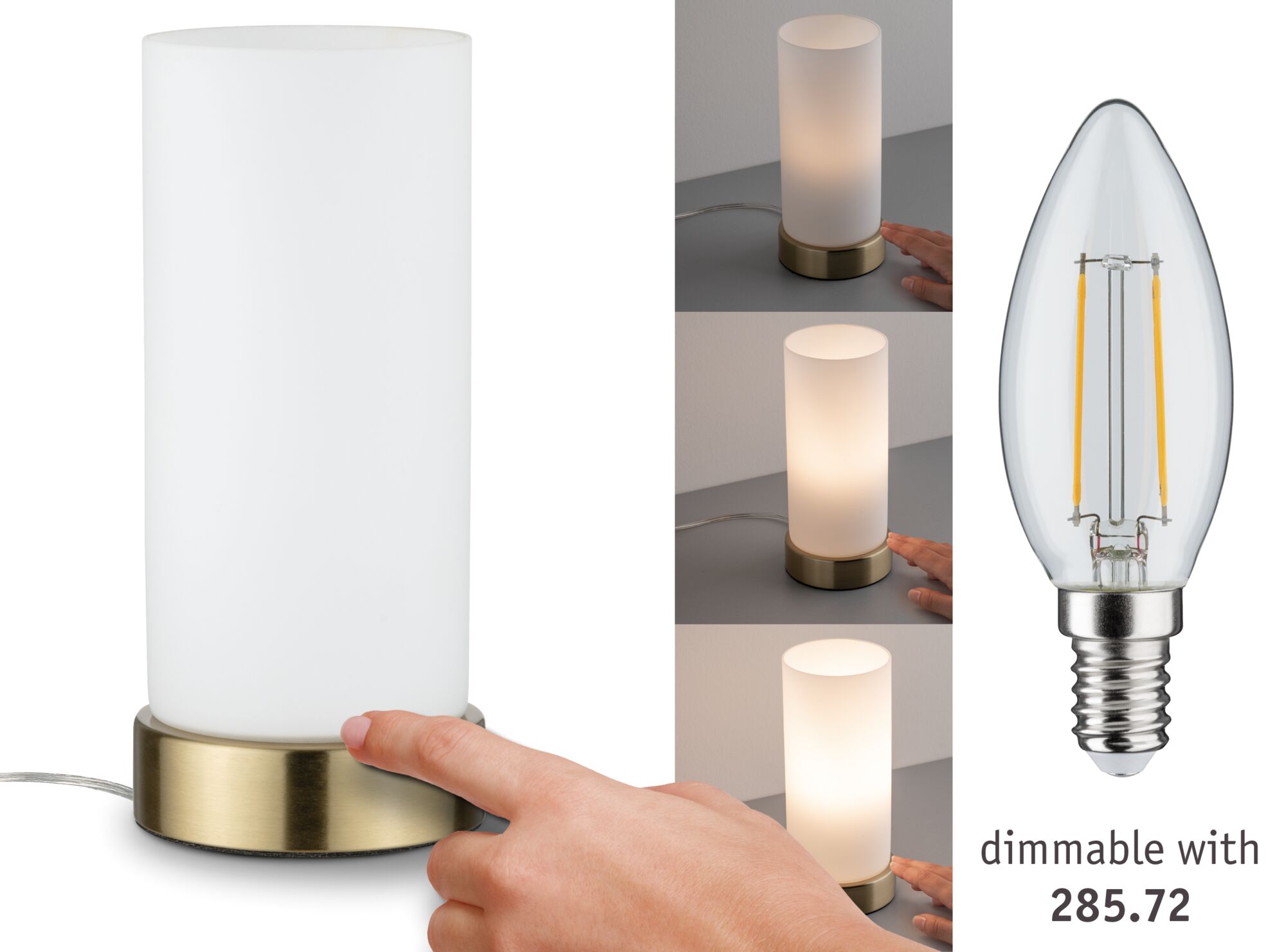 Lampe de table moderne en verre blanc avec base en métal couleur laiton, dimmable pour éclairage d'ambiance.