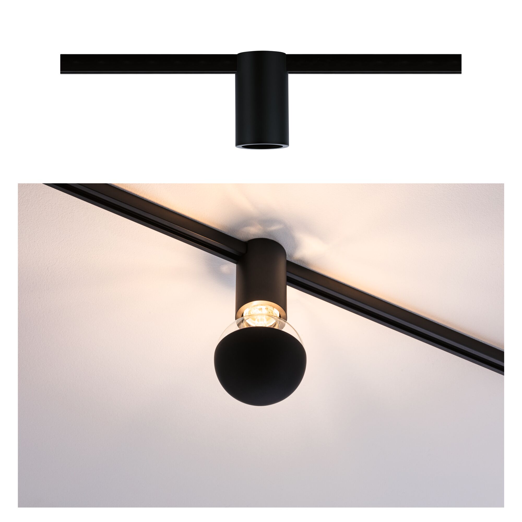 URail Rail spot Socket Individual Spot E27 max. 20W dimmable 230V Black Black metal LED ceiling track with round spotlight for modern interior lighting