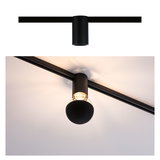 Black metal LED ceiling track with round spotlight for modern interior lighting