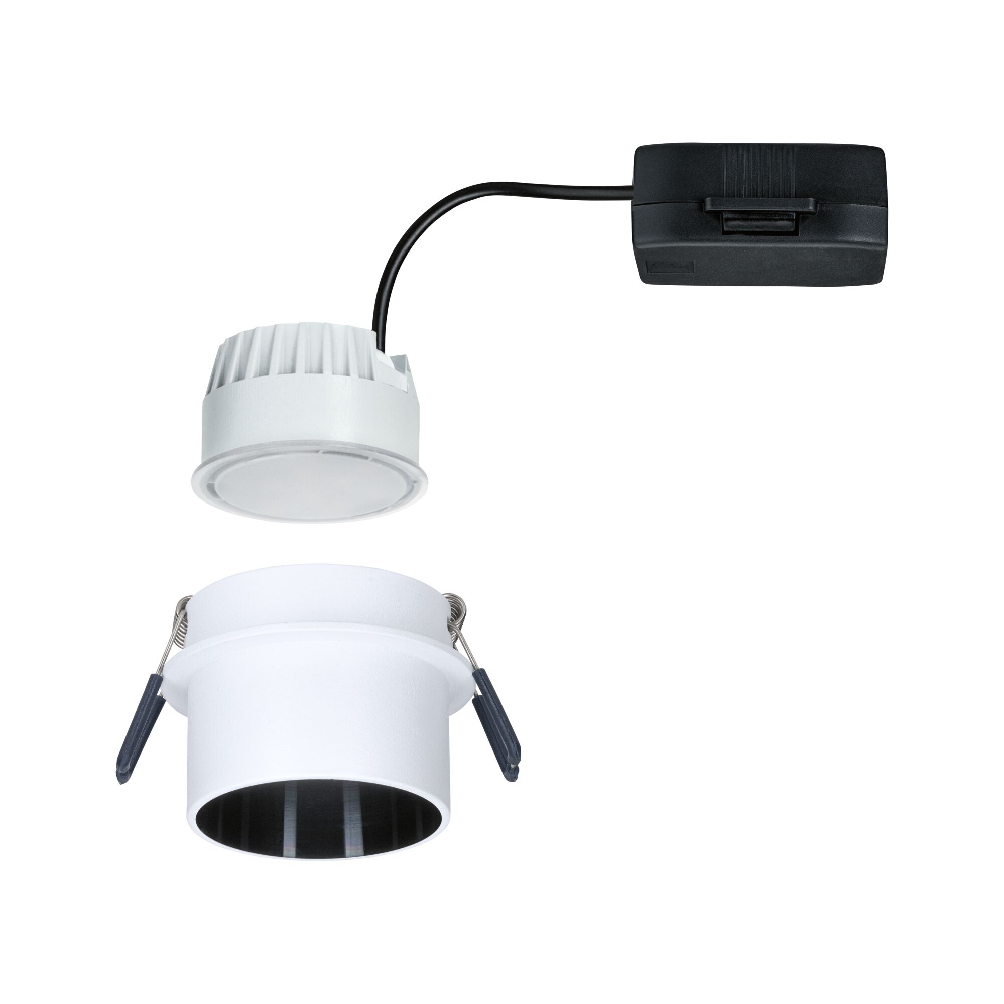 Witte LED-inbouwspot met zwarte kabel en veerclips voor plafondmontage