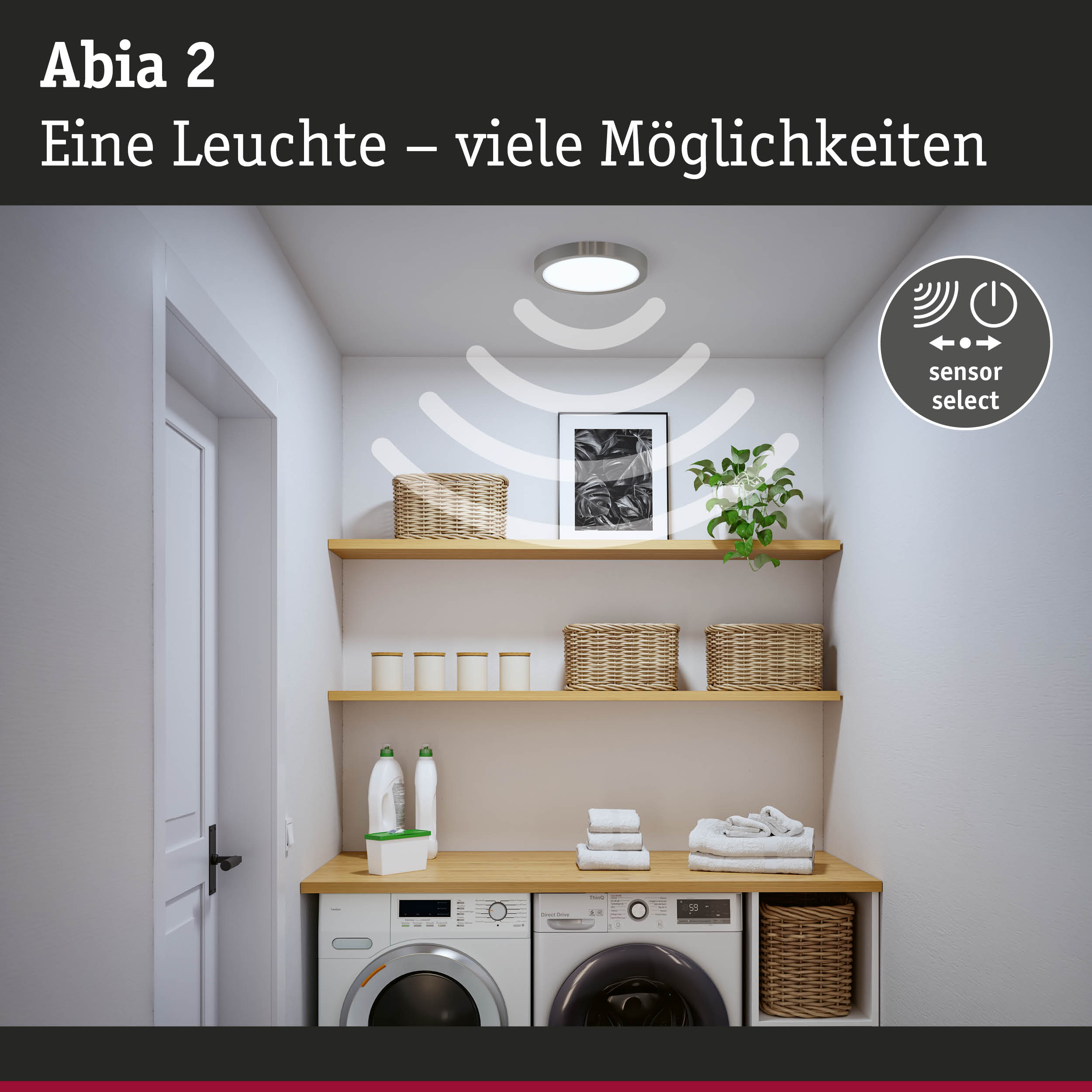 Abia 2 LED-Deckenleuchte in Edelstahl mit Sensorfunktion über Waschmaschine und Regalen