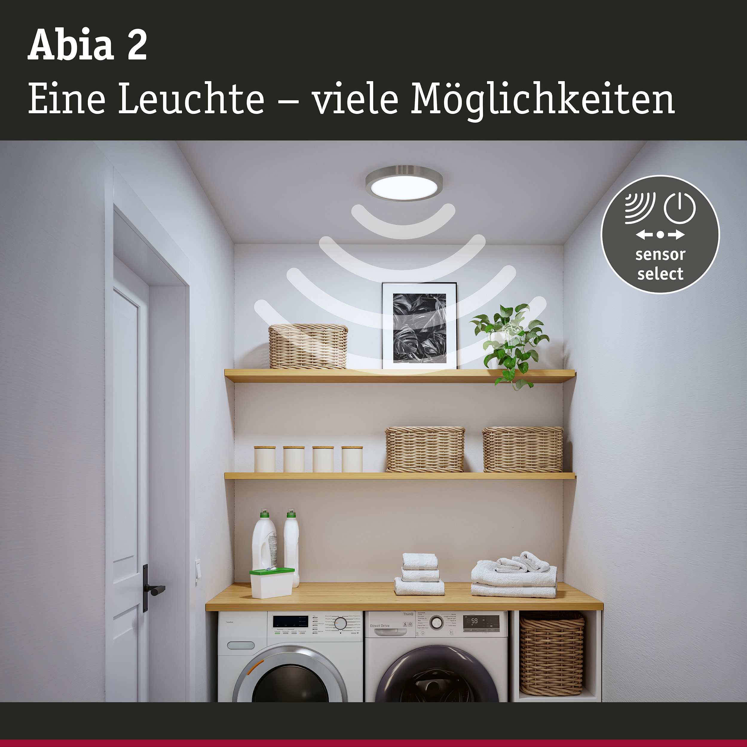 Abia 2 LED-Deckenleuchte in Edelstahl mit Sensorfunktion über Waschmaschine und Regalen