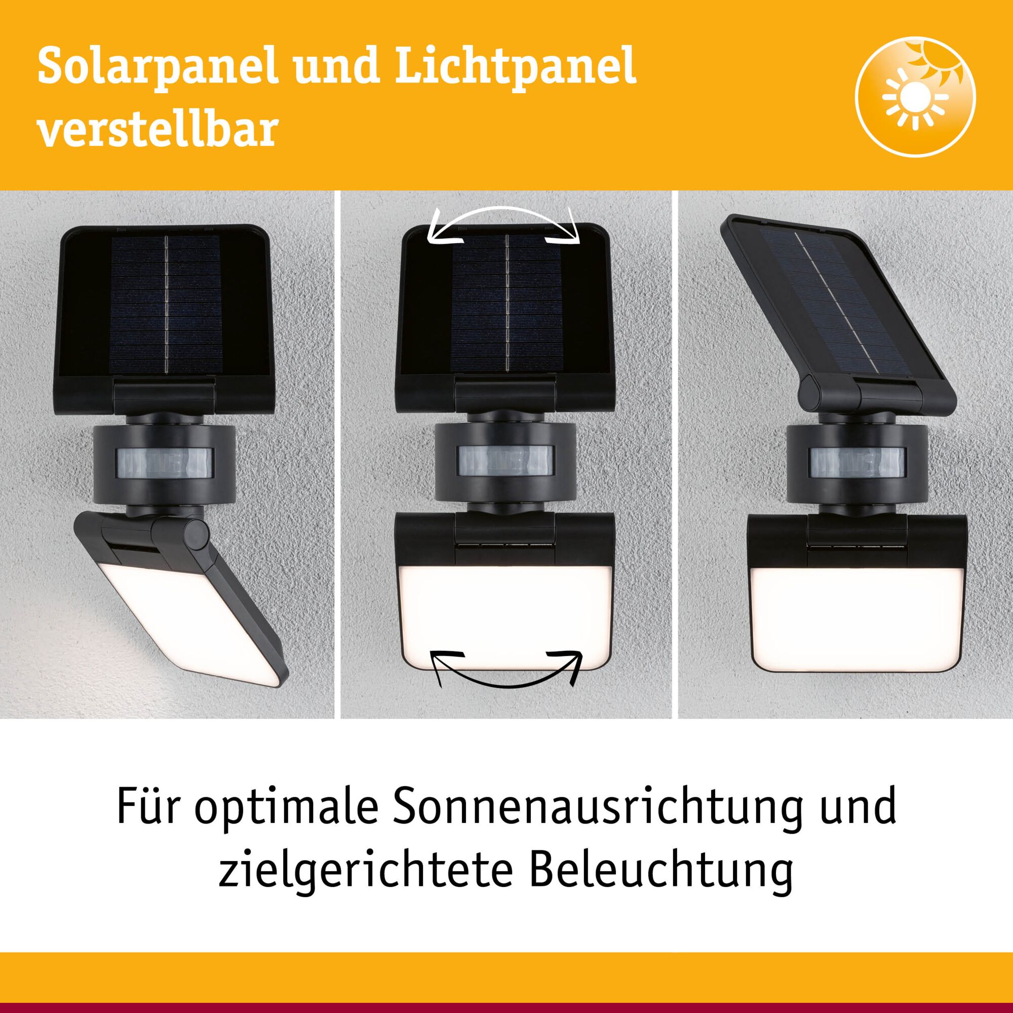 Schwarzes, verstellbares Solarpanel und Lichtpanel für gezielte Außenbeleuchtung mit Bewegungssensor