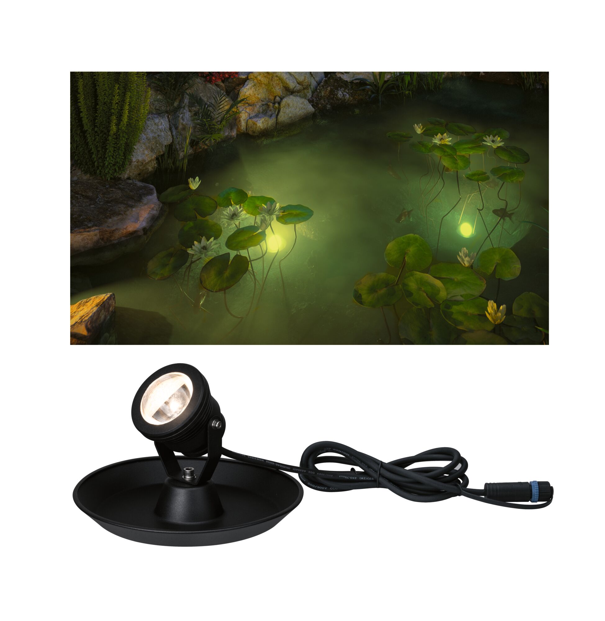 Plug & Shine LED Spot Teichleuchte Einzelspot IP68 3000K 4W Schwarz Schwarze LED-Teichleuchte mit Kabel und Halterung, ideal für Gartenbeleuchtung und Wassereffekte.