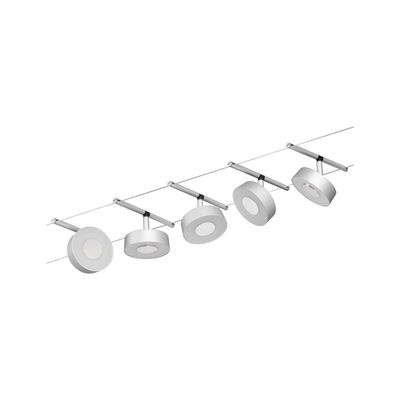 Modern white LED cable spotlight with five round lamps for flexible room lighting