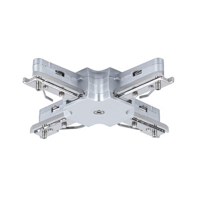 Zilverkleurige aluminium verbindingsadapter voor railsystemen met schroeven en klemmen voor installatie