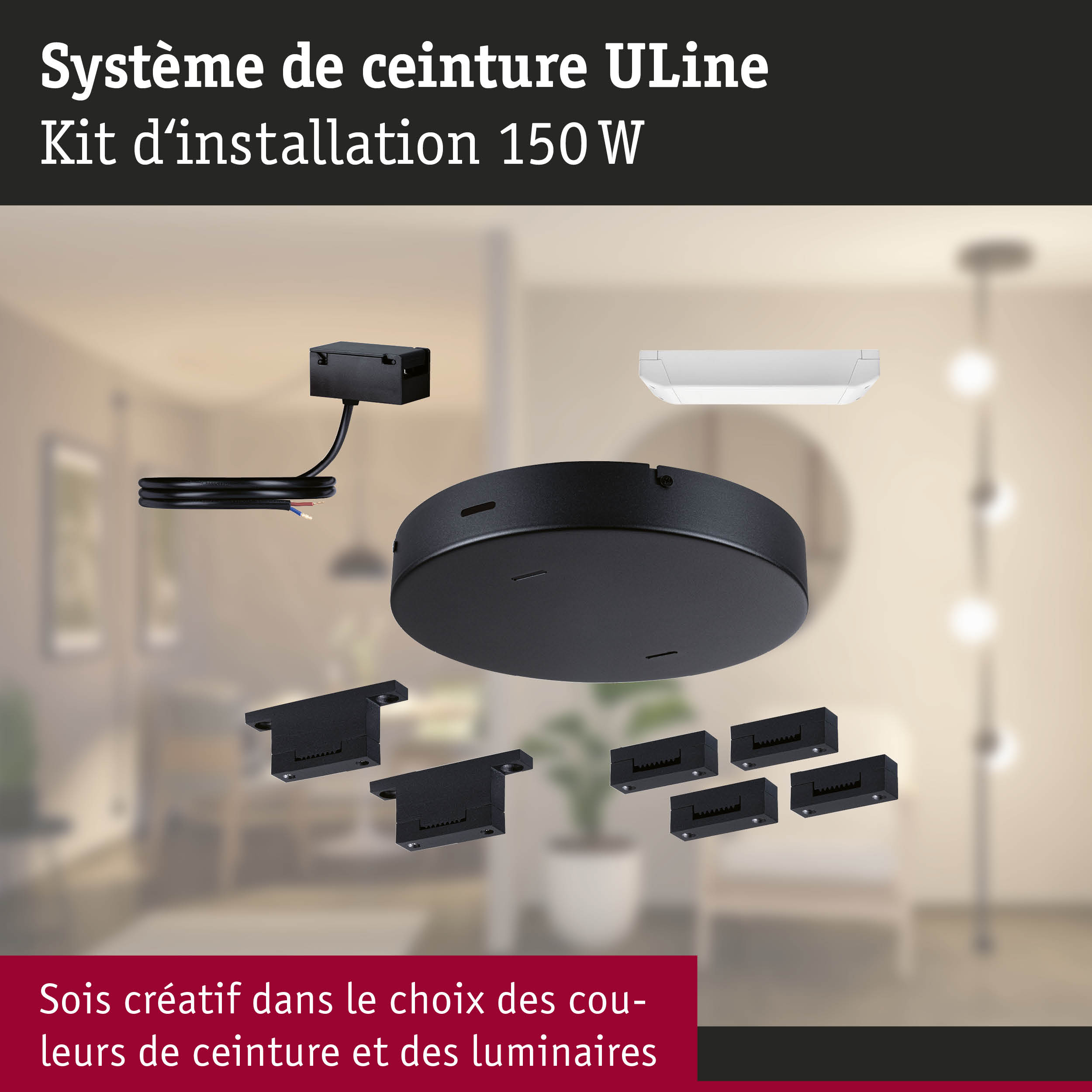 Kit d'installation ULine 150W noir avec câble et supports pour systèmes d'éclairage