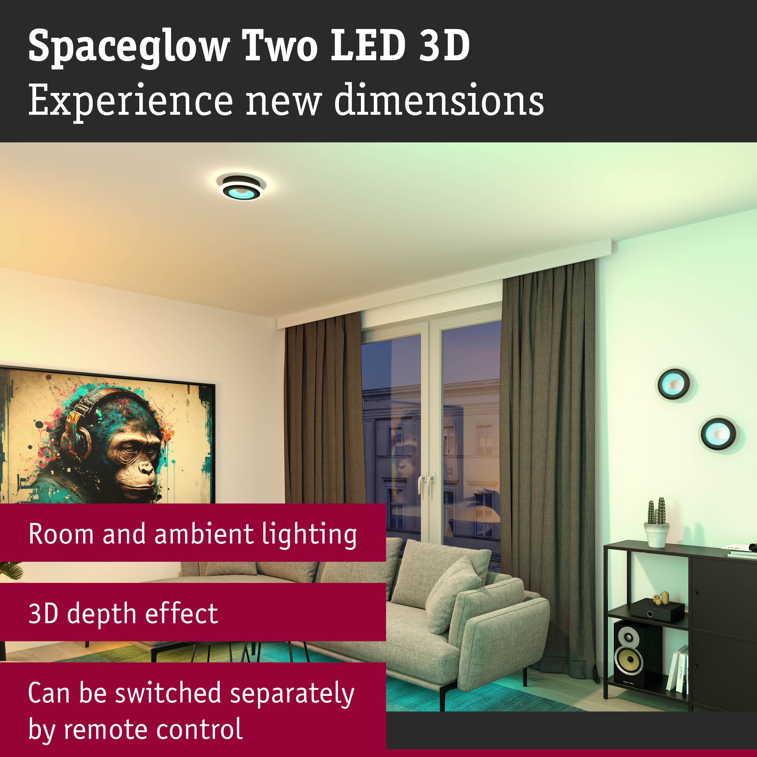 Spaceglow Two LED 3D ceiling light with 3D depth effect and remote control for ambient room lighting