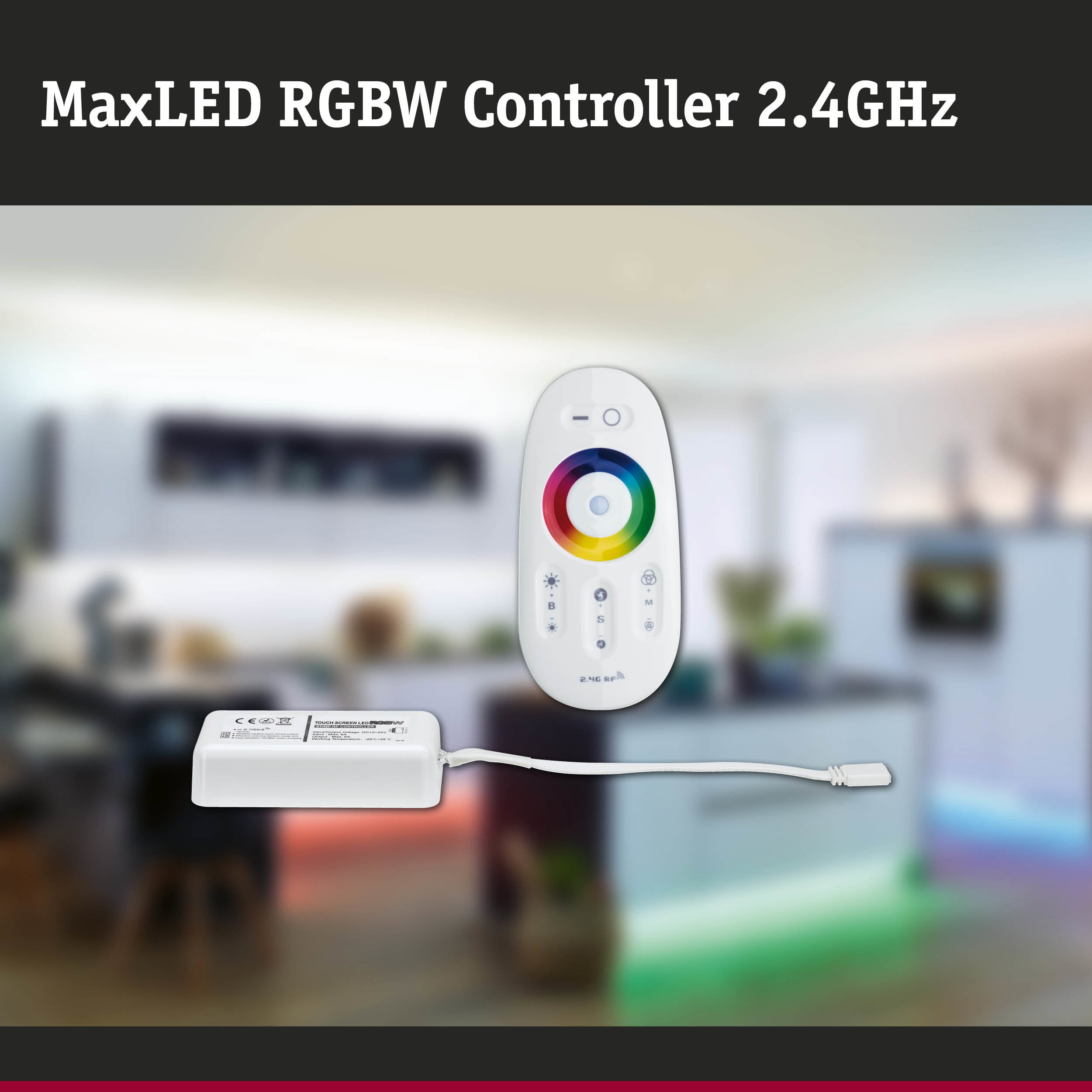 White MaxLED RGBW Controller with 2.4 GHz remote for LED lighting and colour control