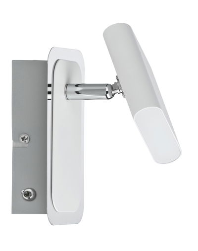 Modern white LED wall spotlight with adjustable head and metal arm for focused lighting