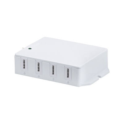 White plastic distribution box with four numbered ports for LED lighting systems connection