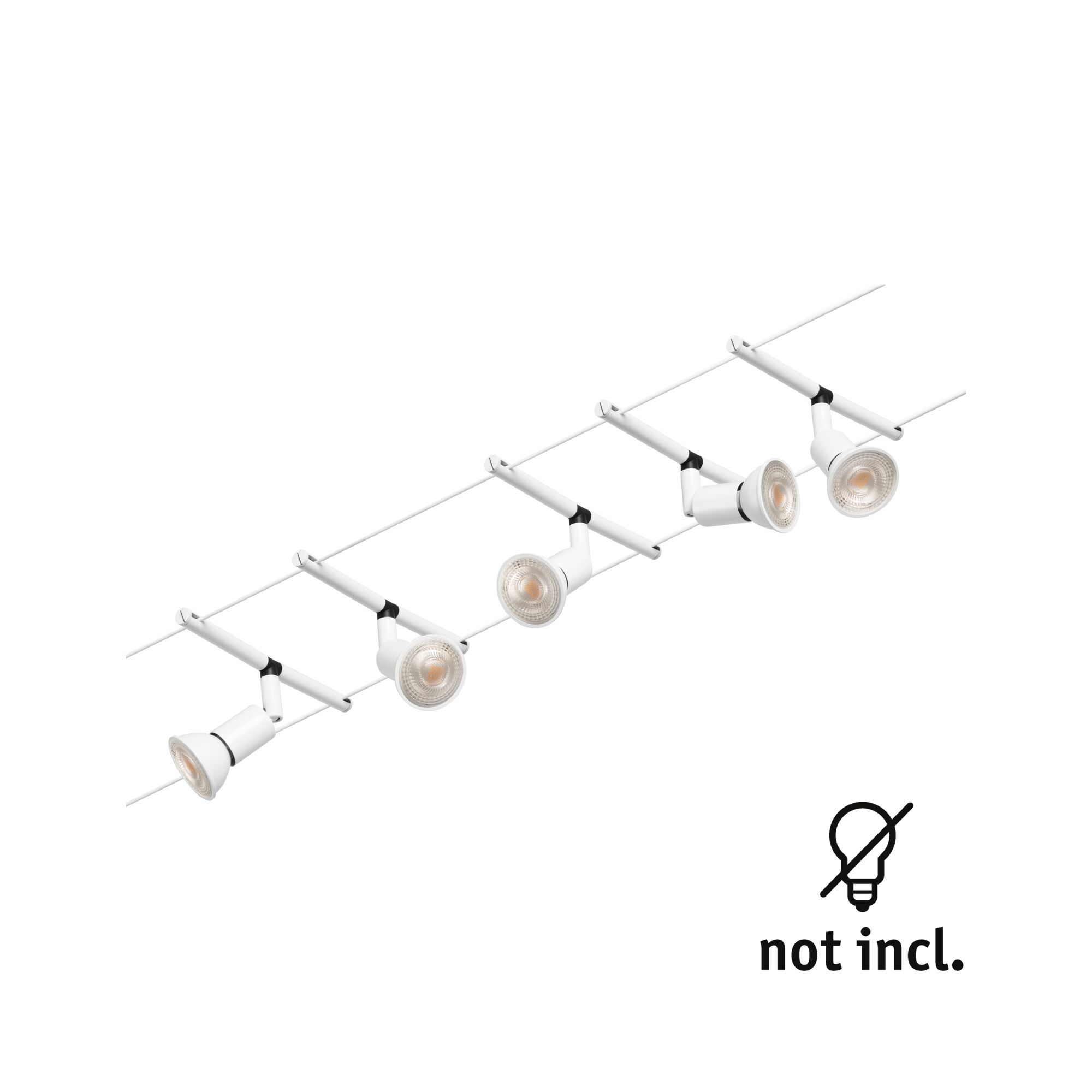 White cable lighting system with five adjustable metal LED spotlights for flexible room lighting