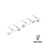 White cable lighting system with five adjustable metal LED spotlights for flexible room lighting