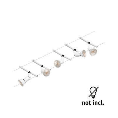 White cable lighting system with five adjustable metal LED spotlights for flexible room lighting