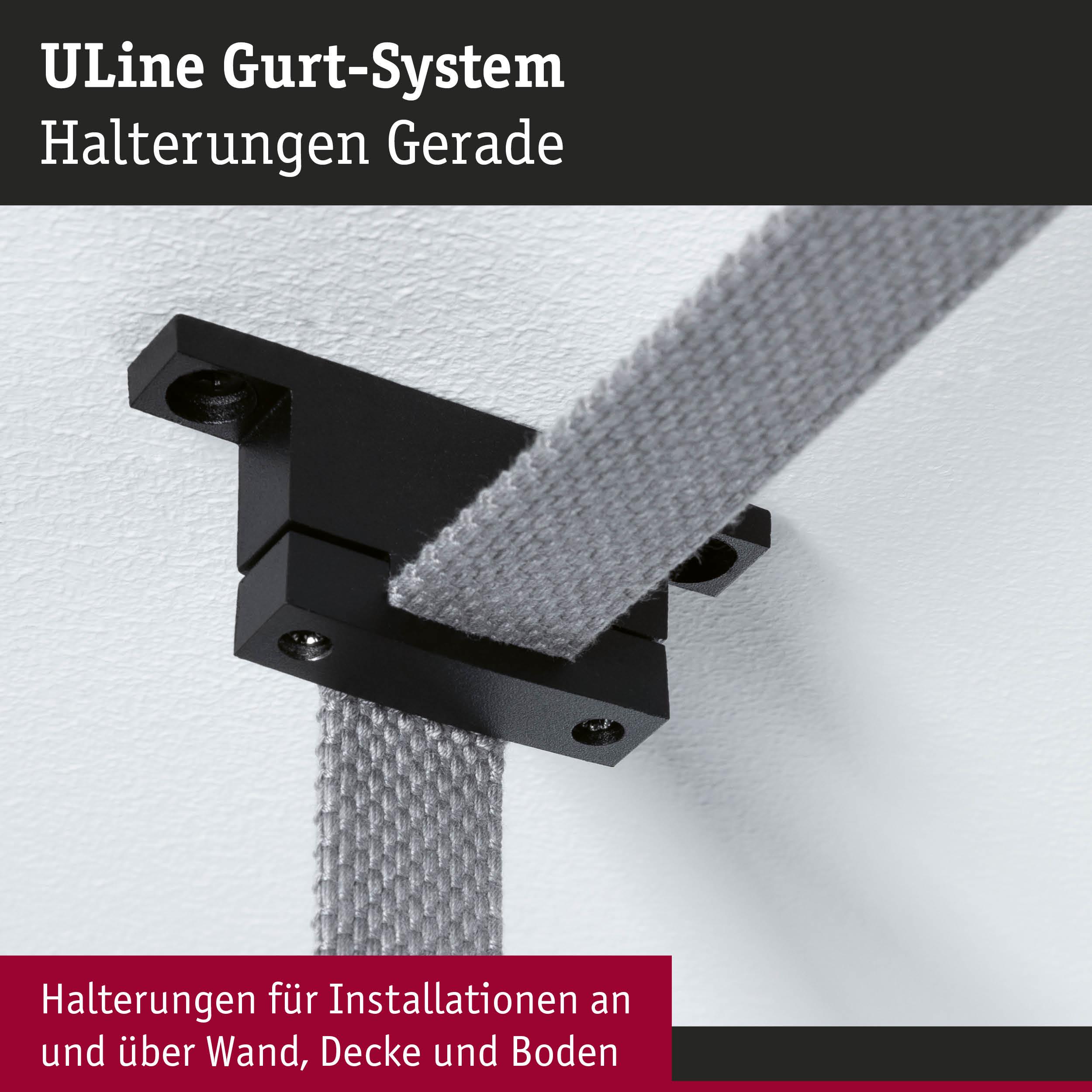 Schwarze Halterung aus Metall mit grauem Textilgurt für Wand- und Deckenmontage im ULine Gurt-System