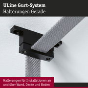 Schwarze gerade Halterung aus Metall mit grauem Textilgurt an weißer Wand montiert