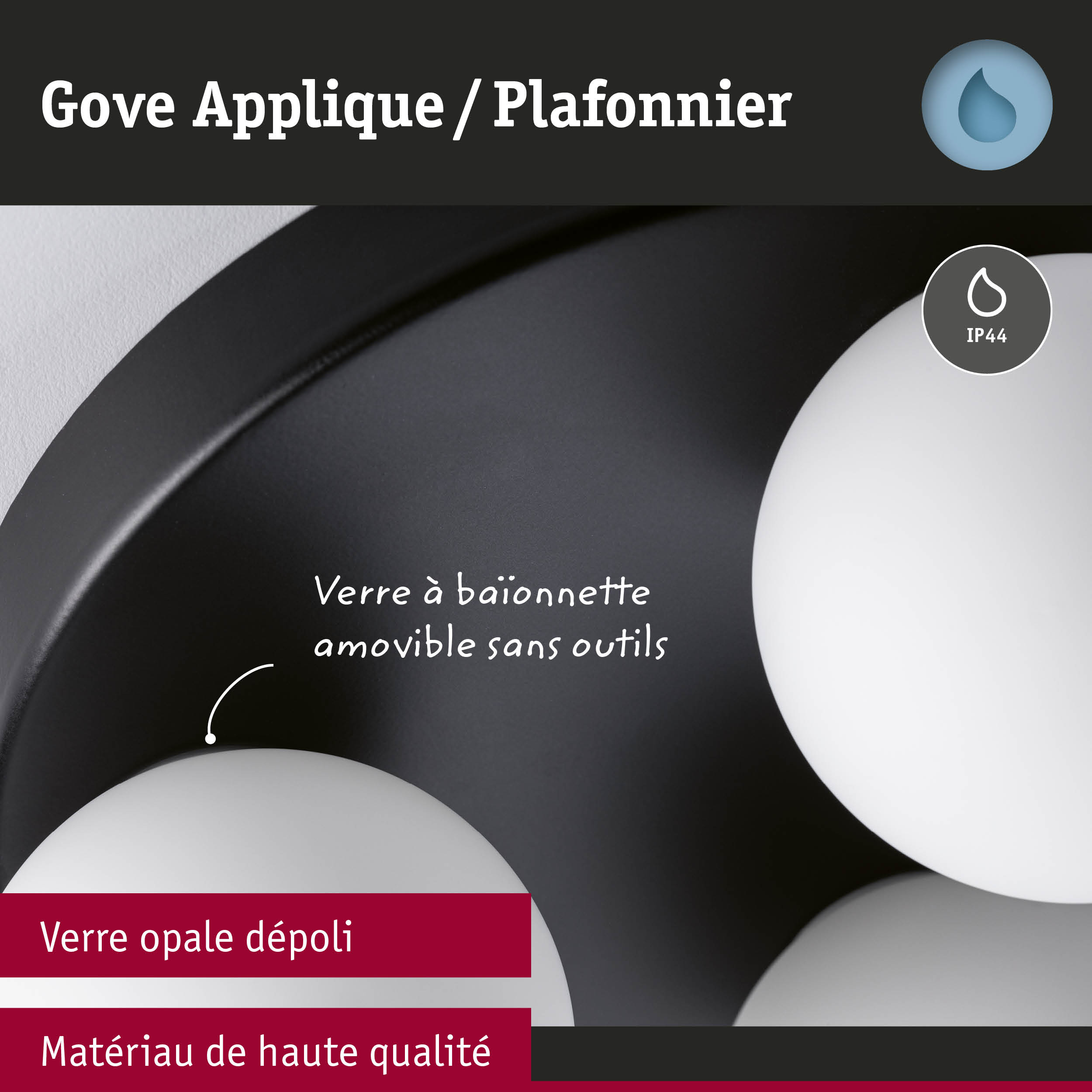 Applique Gove avec verre opale dépoli et cadre noir en matériau de haute qualité