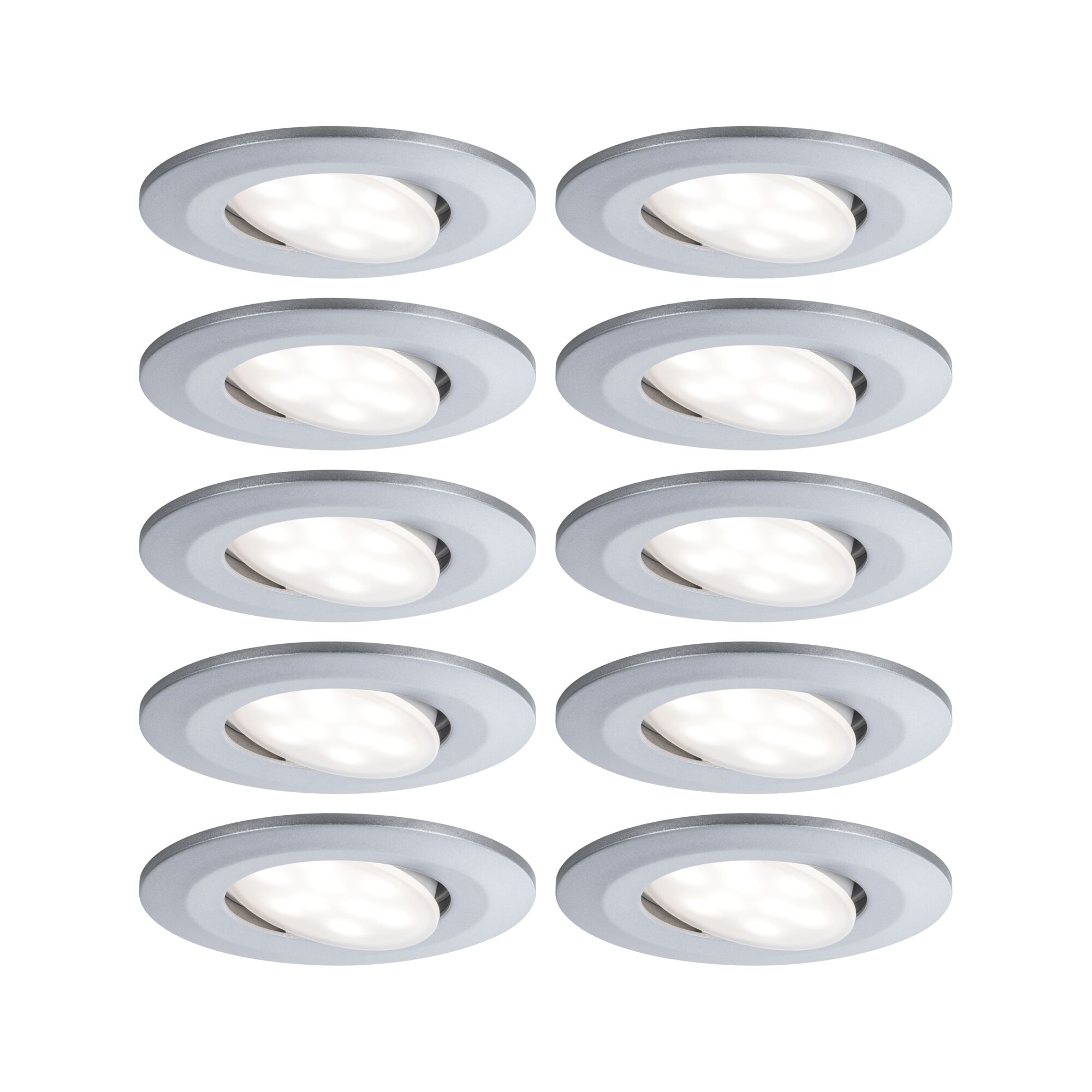 Sechs runde LED-Einbaustrahler aus silberfarbenem Metall mit weißem Licht für moderne Raumbeleuchtung