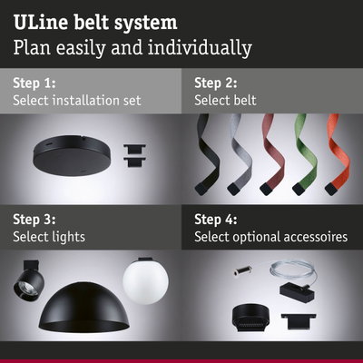 Black ULine Belt System with colored belts and various lights for flexible lighting design
