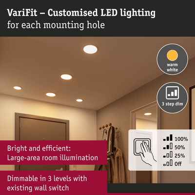 VariFit recessed LED lights with warm white glow and 3-step dimming for efficient room illumination