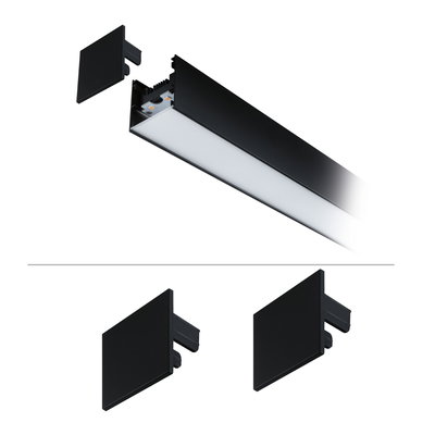 Black aluminium LED profile with diffuser and end caps for modern lighting strips