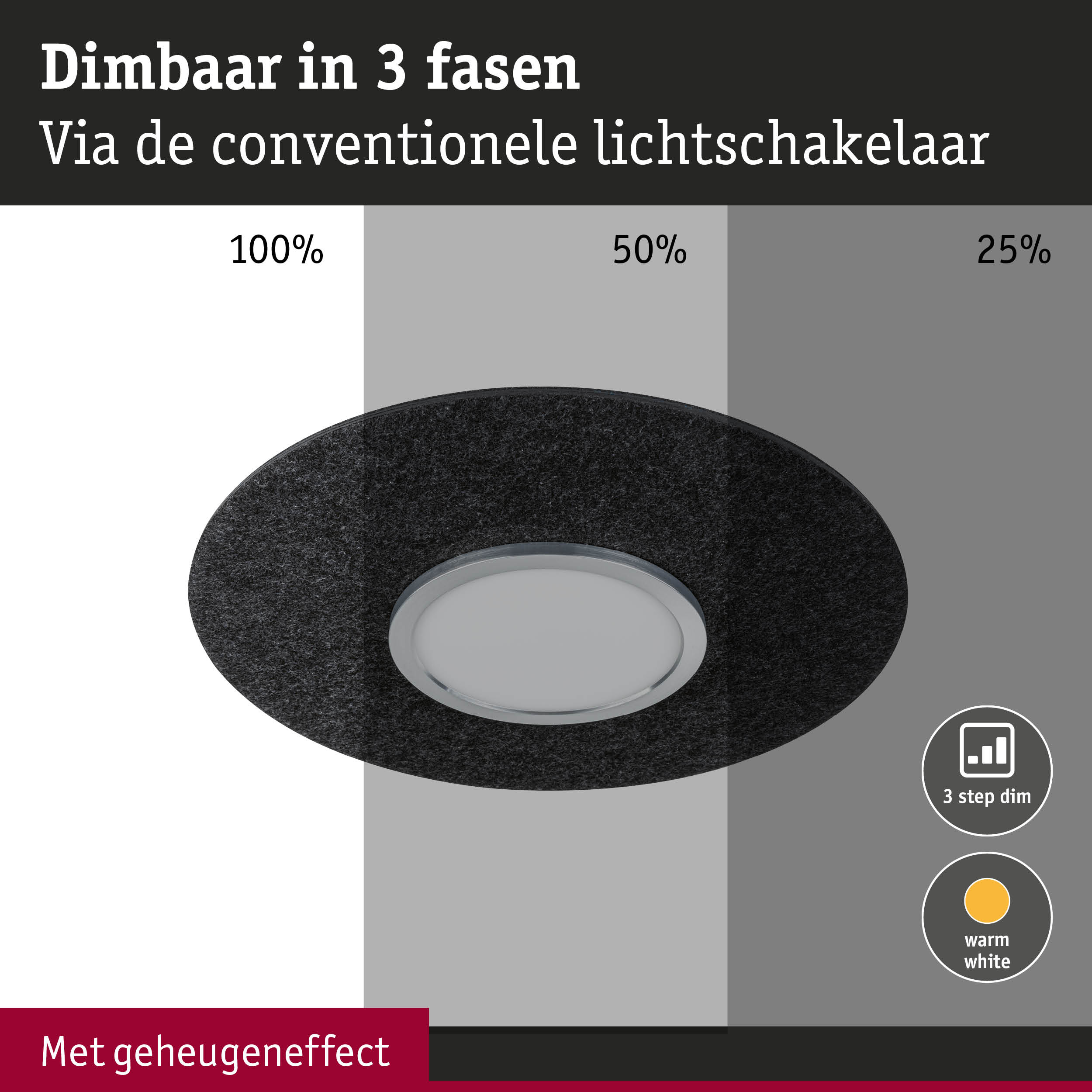 Zwarte LED inbouwspot met warm wit licht en 3-traps dimfunctie voor woonverlichting