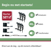 Starterset met zwarte LED-tuinschijnwerpers, kabels en transformator voor buitenverlichting