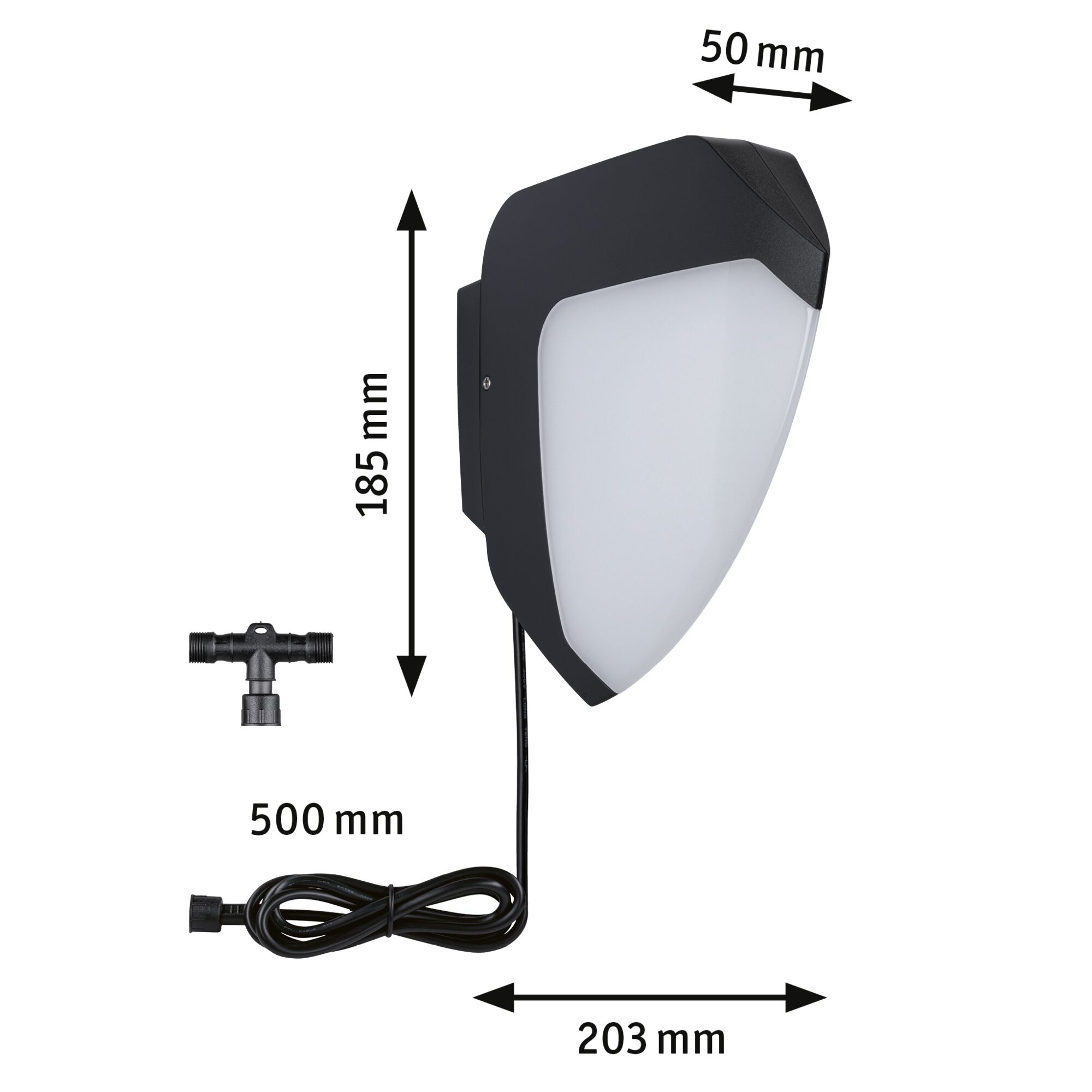 Schwarze Außenwandleuchte aus Kunststoff mit weißem Diffusor und Kabel, Maße 185x203x50 mm