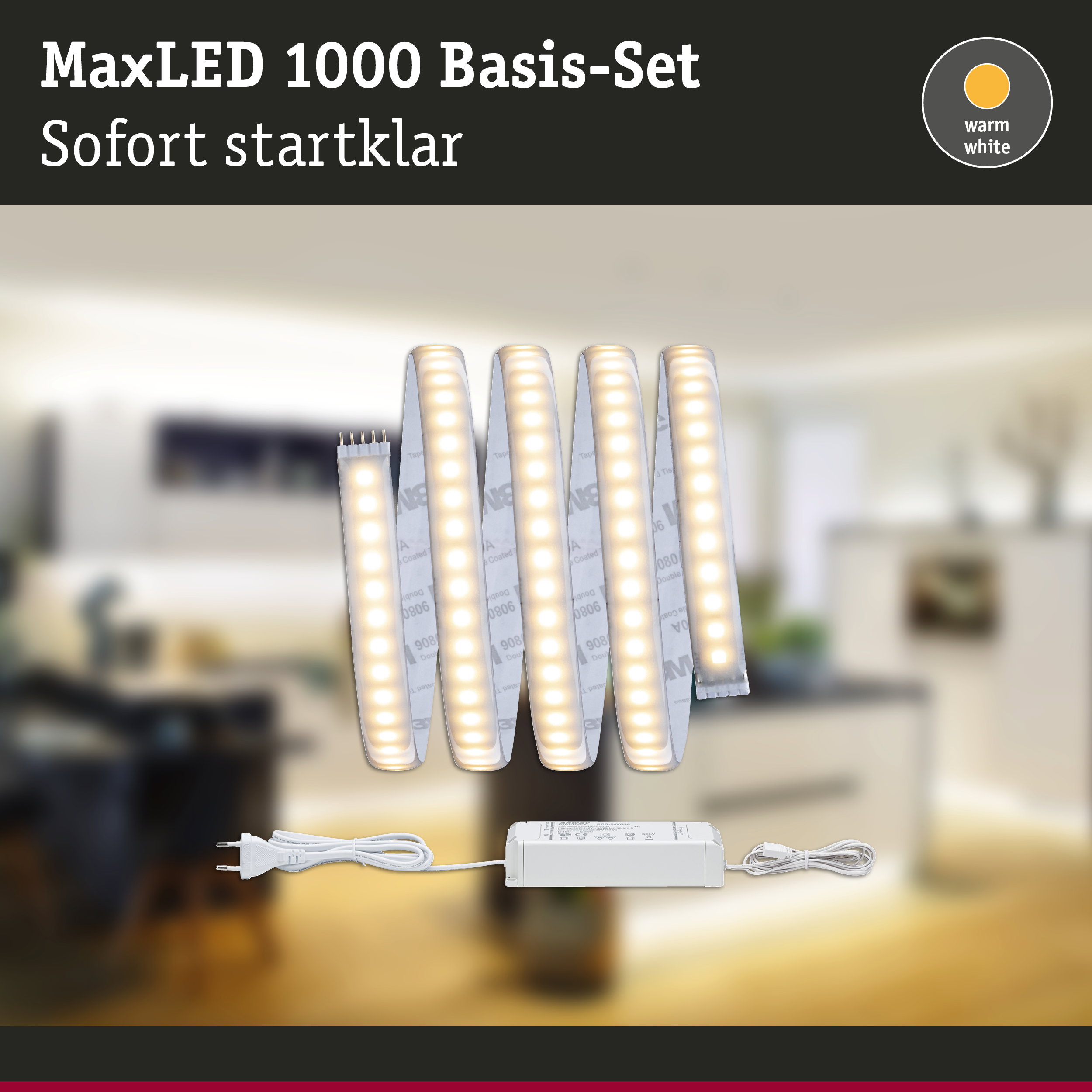 MaxLED 1000 Basis-Set mit warmweißem LED-Lichtband und Netzteil für einfache Beleuchtungslösungen
